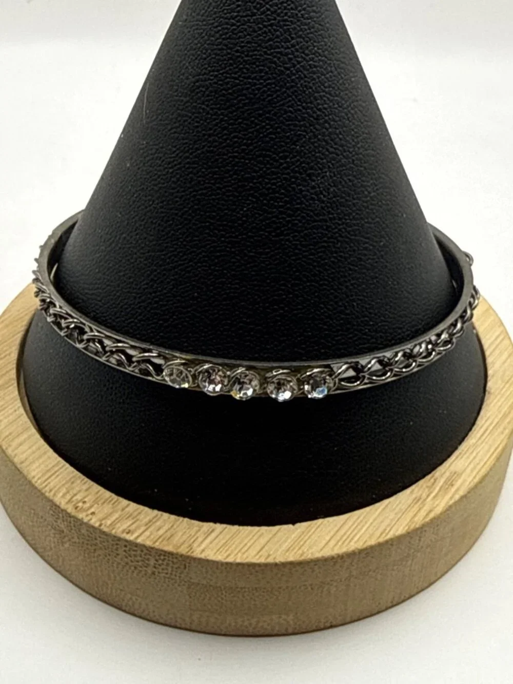 Antiqued Silver Braided Chain Rhinestone Slip On Bangle Bracelet Art Deco